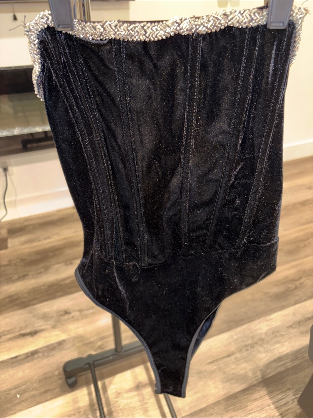 SHEIN Black Velvet Strapless Bodysuit with Beaded Trim